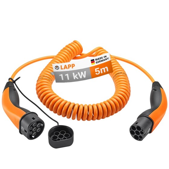 Зарядний кабель Spiral Type 2-Type 2, 20A 3-фазний 5м, помаранчевий, зображення №